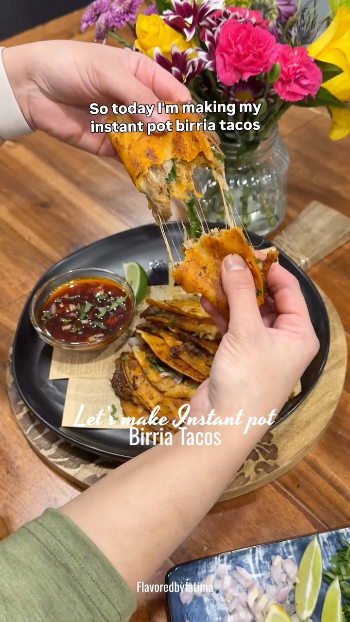 Birria tacos… but make them Instant Pot friendly ✨  Because sometimes you want taco truck energy… without leaving your kitchen.  I seared beef shank first for that deep flavor, pressure cooked it with a birria bomb, shredded it, and let it soak right back in that rich chile broth.  Then dipped the tortillas straight into the sauce, fried them until crispy, loaded them with juicy beef + melty Oaxaca cheese… and obviously served it with consommé for dipping.  And before anyone asks — yes, I used this particular brand of birria bomb because it doesn’t contain beef stock, which makes it halal-friendly when paired with halal beef.  If you like your tacos crispy, cheesy, juicy, and dunkable… this one’s for you.  Save this recipe for your next taco night, send it to someone who owes you tacos, and don’t forget to dip — that’s non-negotiable  #birria #chicagofoodie #instantpotrecipes #tacotuesdays #flavoredbyfatima